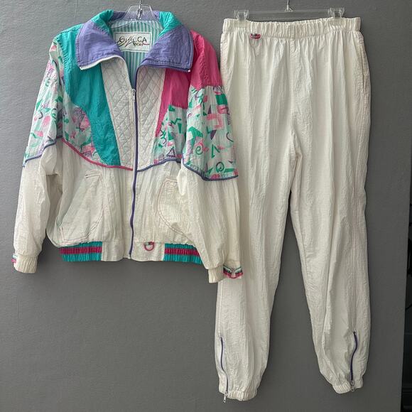 Vtg Womens 80s Tracksuit Windbreaker Shiny Bright Colorblock Barbiecore Large - Picture 1 of 16